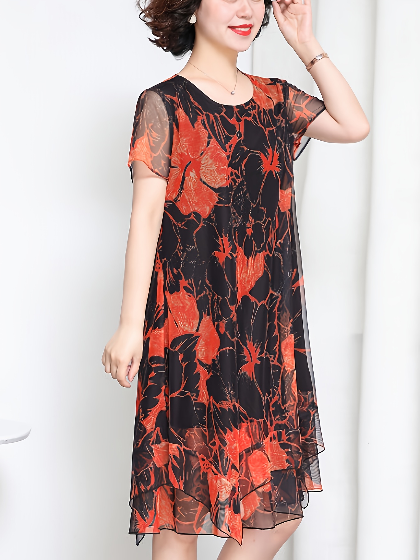 Plus Size Women's Summer Dress Breathable Mesh Floral Print A-Line Midi  Dress with Asymmetrical Hem, Short Sleeves for Casual Vacation Beach Out