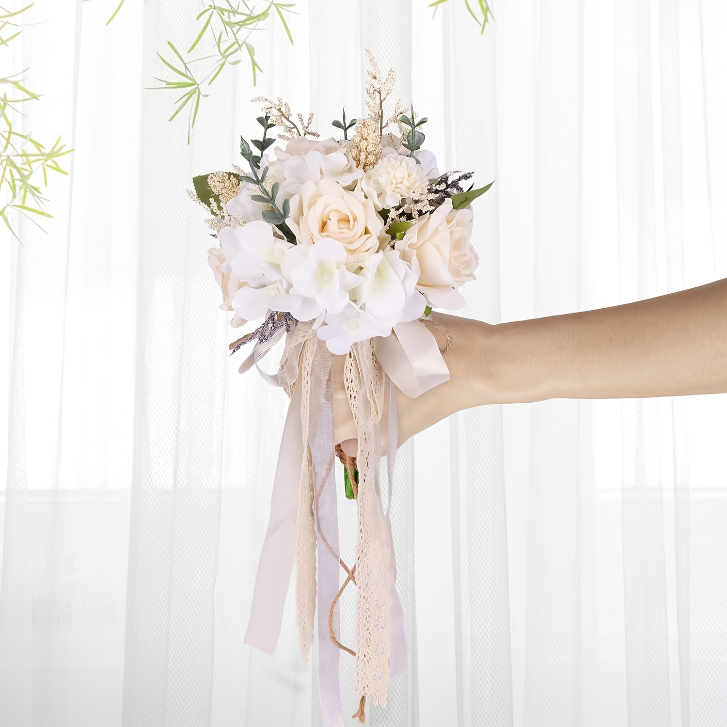 Wedding Bouquets For Bride Bridesmaid, White Artificial Roses Flowers Wedding Decoration (7.5in)