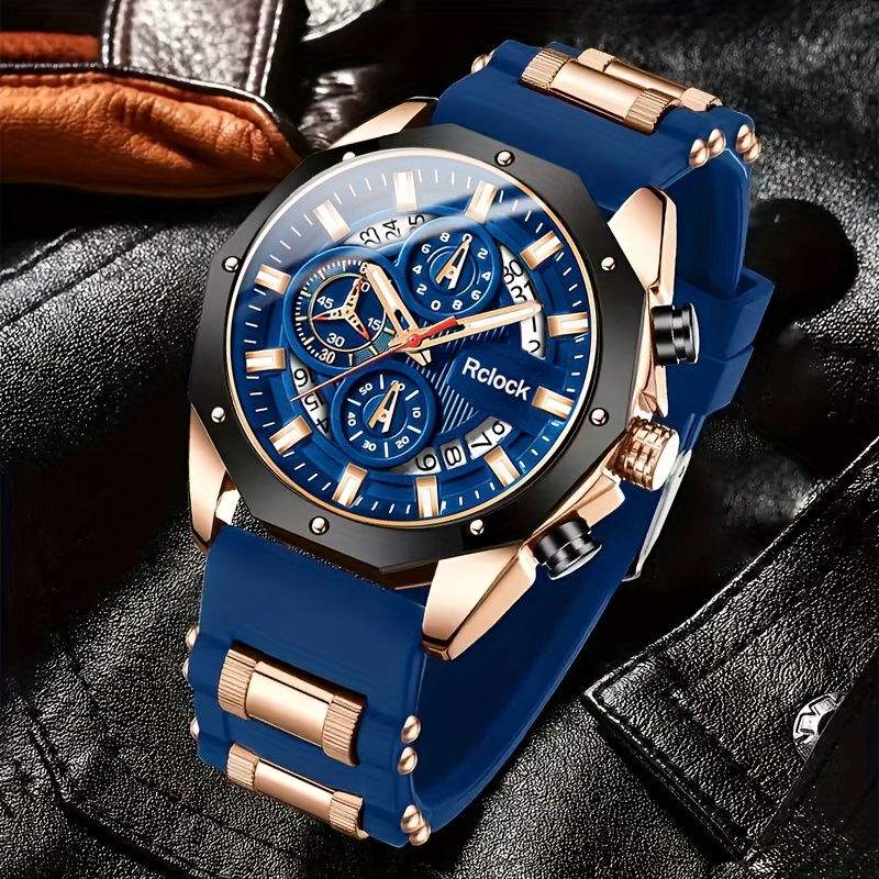 4pcs/set Fashion Men's Watches Set Men's Business Casual Watch & Bracelet Set Calendar Display, Quartz Movement, Men Bracelet Cross Necklace Luxury Watch for Men, Ideal Gift for Him