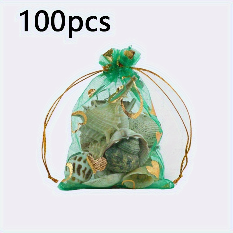 TEMU 100pcs Organza Drawstring Heart Print Transparent Gift Bags, Suitable For Wedding Favors, Party Favors, Jewelry, Candy And Decorations, Wedding