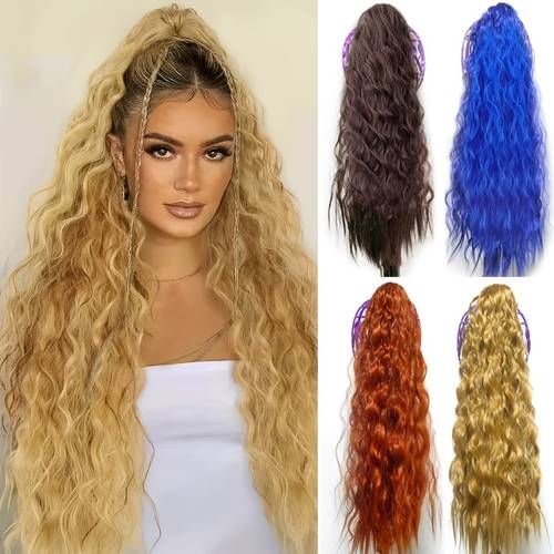 water wave ponytail 22 inch long heat resistant water wave synthetic ponytail wig claw shaped black ponytail extension suitable for short hair additions for womens daily use burgundy wine red blonde dark brown pink