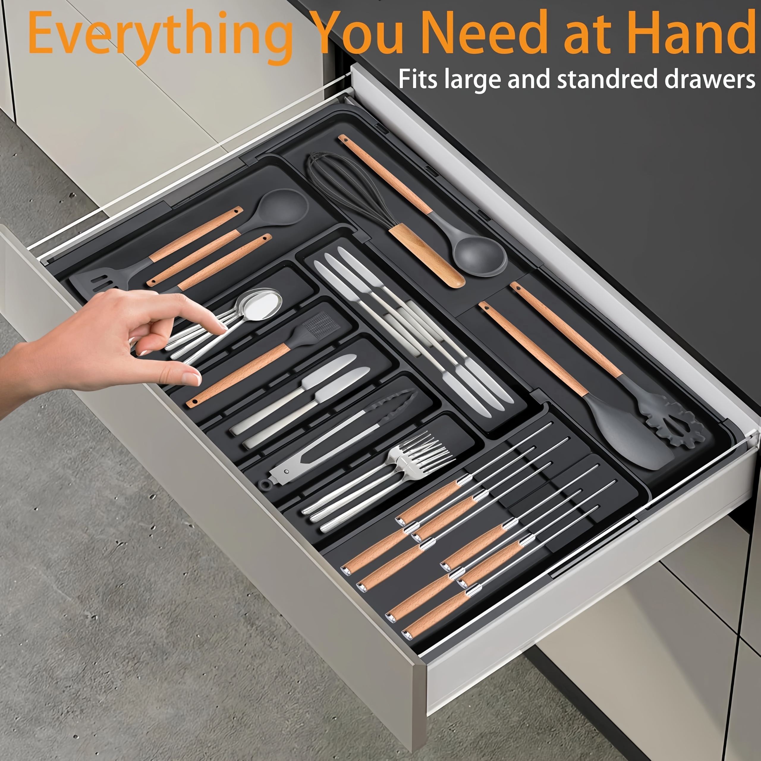 

Adjustable Flatware Organizer, Plastic Silverware Holder, Lightweight, Hanging Mount, With 2 Removable Knife Blocks, 6-9 Slot For Kitchen Drawer Organization