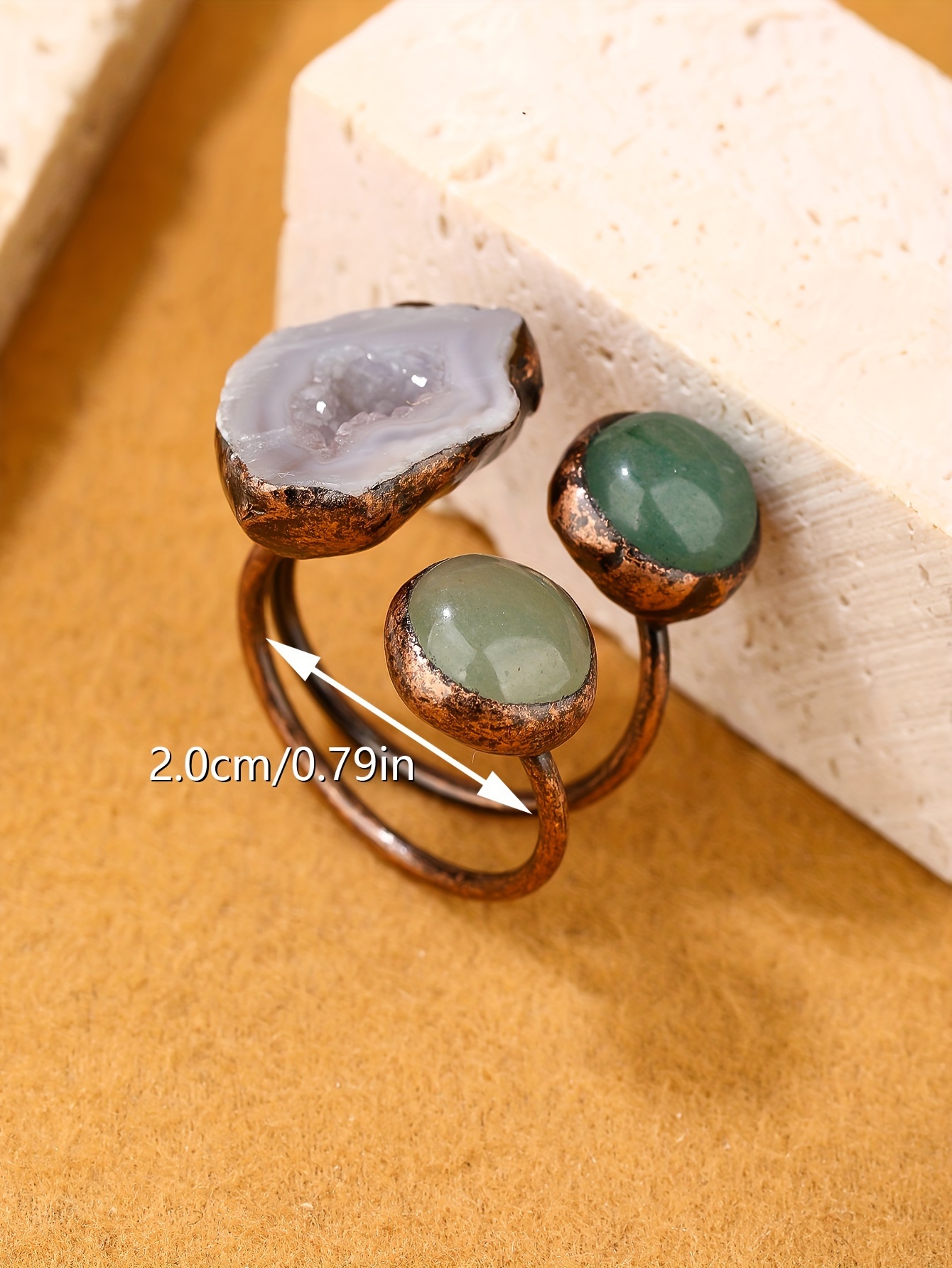 vintage inspired adjustable ring with natural agate green aventurine handcrafted antique bronze   for   party accessory details 1