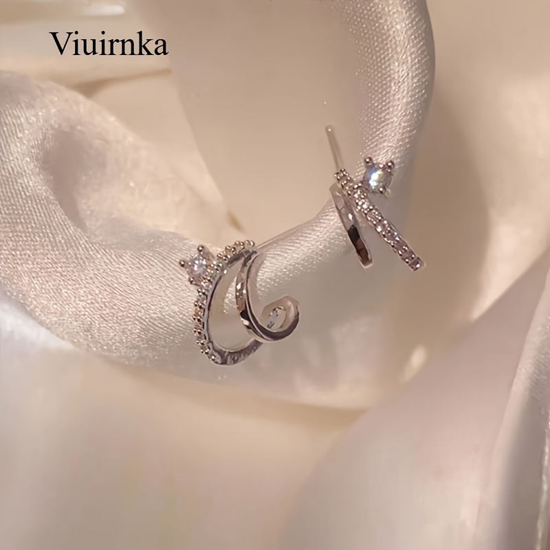 TEMU Luxurious 925 Silver Plated Double Layer Zirconia Stud Earrings With Claw Setting - Sparkling Birthday Gift, Includes Gift Box