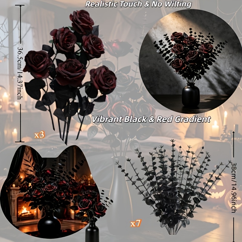 TEMU 10pcs Gothic Black Red Rose Eucalyptus Artificial Bouquet, Halloween, All Hallows' Eve, Universal Decoration, Room Dining Table Window Sill