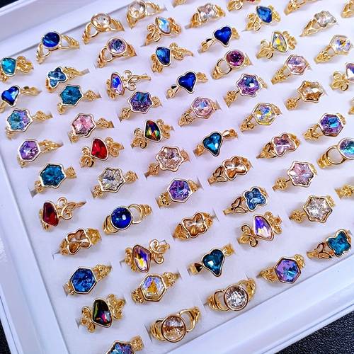30 50pcs mixed colorful glass artificial synthetic gemstone rings for women girls star glass geometric gifts costume accessories women jewelry accessories