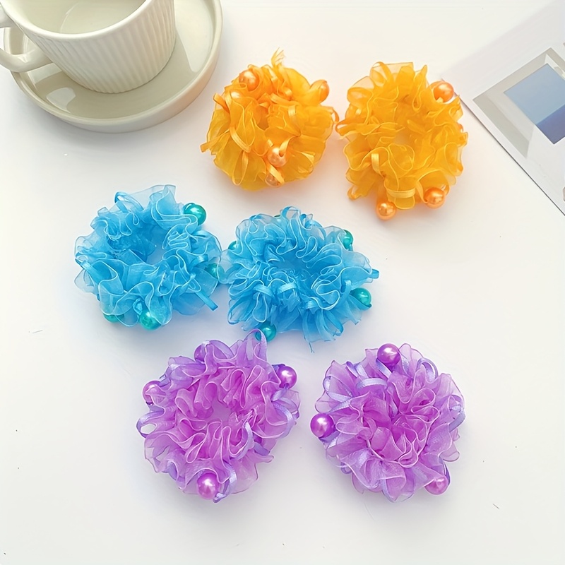 6pcs Purple, Blue, Orange, Red, Pink Cute Bun Hair Ties For Little Girls, Daily Accessories, Shiny Fabric
