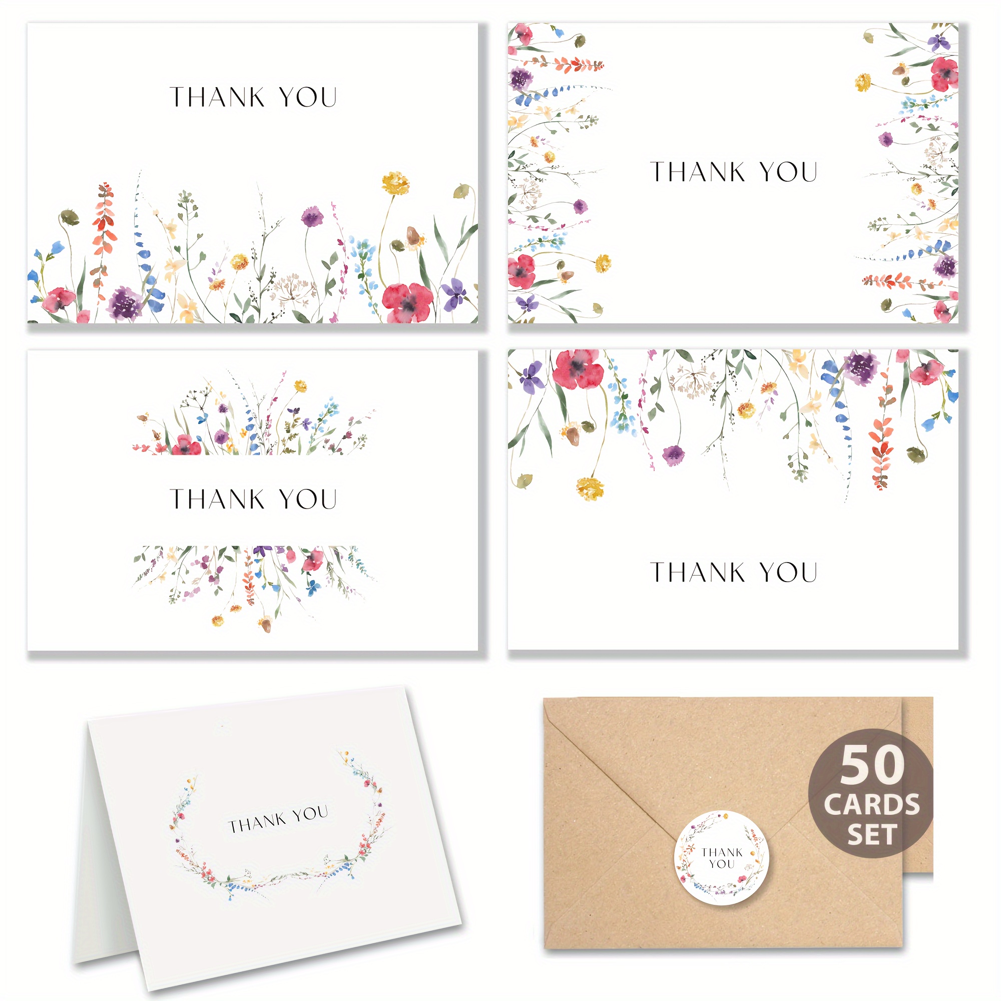 

Pack 50 Floral Thank You Cards With Envelopes (4"x6") - Thank You Notes With Envelopes Set - Wildflower Thank You Cards With Envelope And Stickers - For Wedding, Bridal Showers