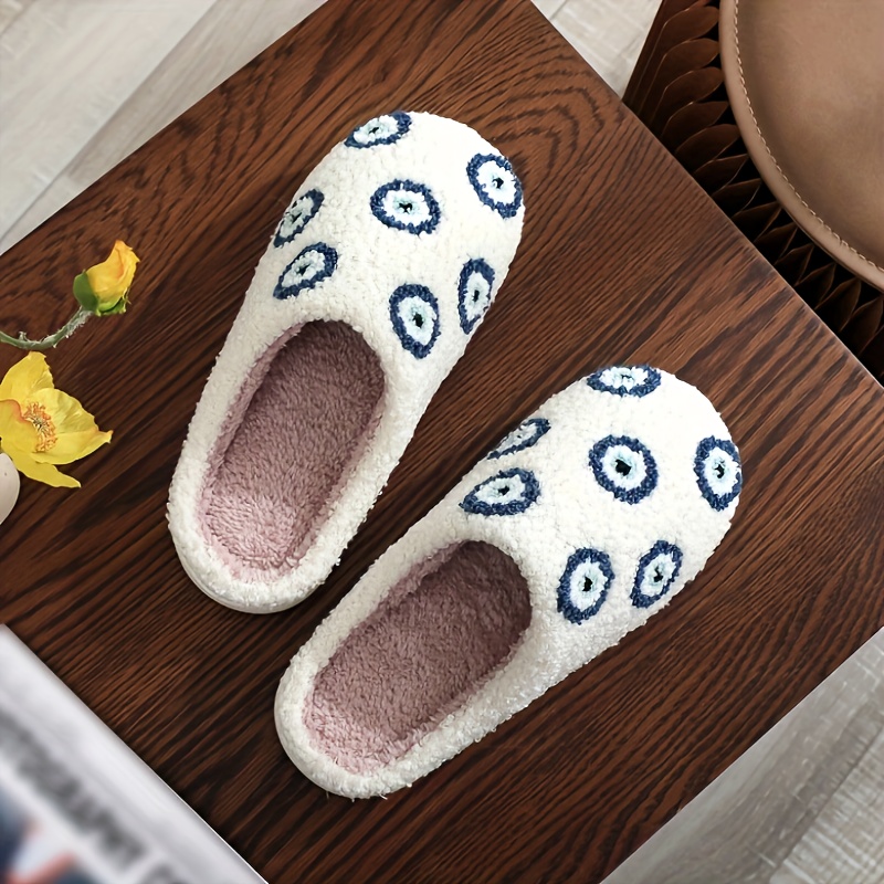 

Evil Eye Pattern Flannel Slippers - Cozy Winter Indoor Slippers With Tpr Sole And Plush Flannel