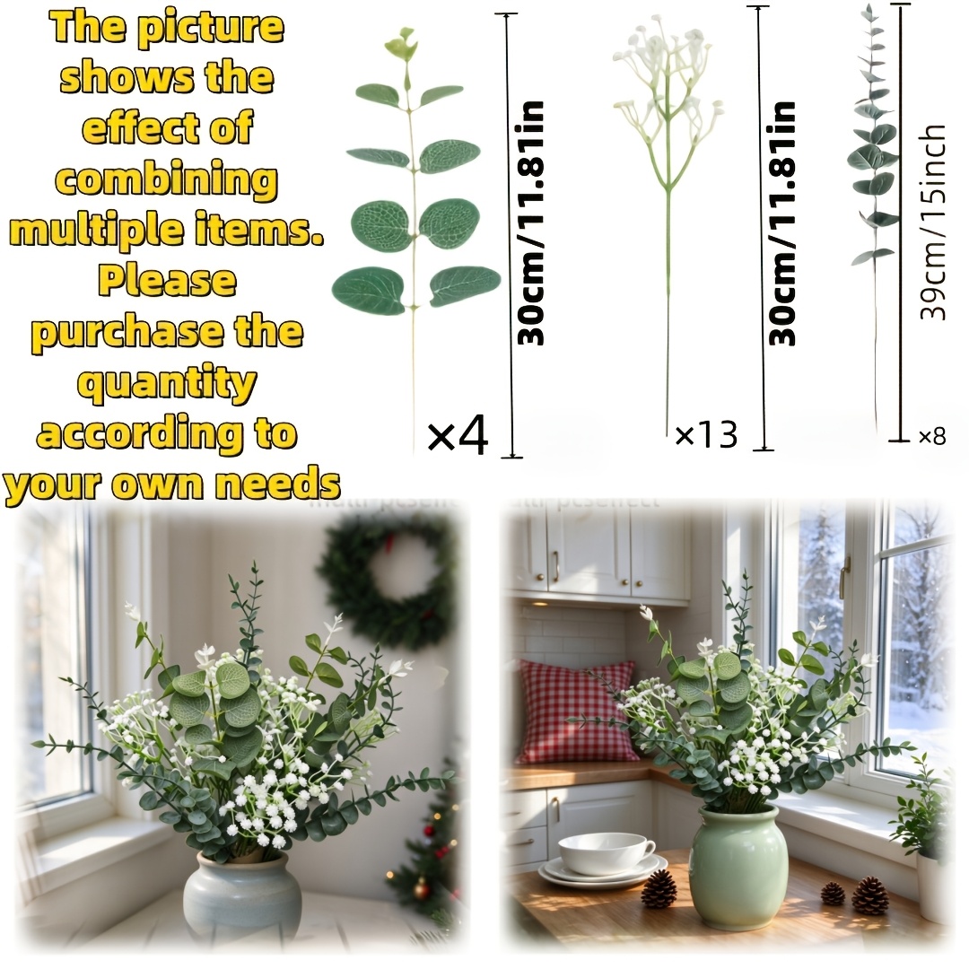 TEMU 25pcs Set - Beautiful Artificial Eucalyptus, Baby's Breath, And Eucalyptus Leaf Combination, Evergreen For . Lifelike Artificial Flowers Feature