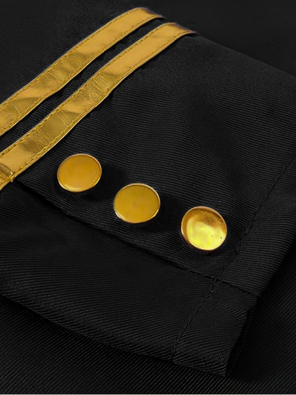 Vintage-Inspired Mid-Length Tuxedo Coat with Golden Trim - Black Retro Punk Style for Halloween, Stage Performances & Themed Events, Stage Performance Attire | Ornate Golden Detailing | Polyester Fiber Coat
