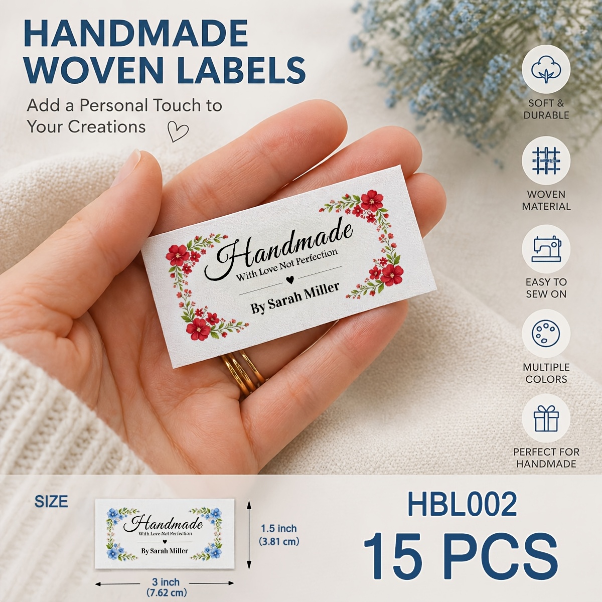 TEMU Custom Personalized Sewing Labels-handmade Floral Fabric Tags, Iron-on Or Sew-on. Customizable Text, Ideal For Name Tags, Blankets, Quilts,