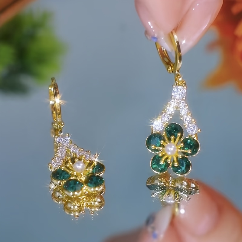 elegant green cubic synthetic synthetic zircon flower earrings luxurious alloy dangle jewelry for   for parties gifts Product details 2