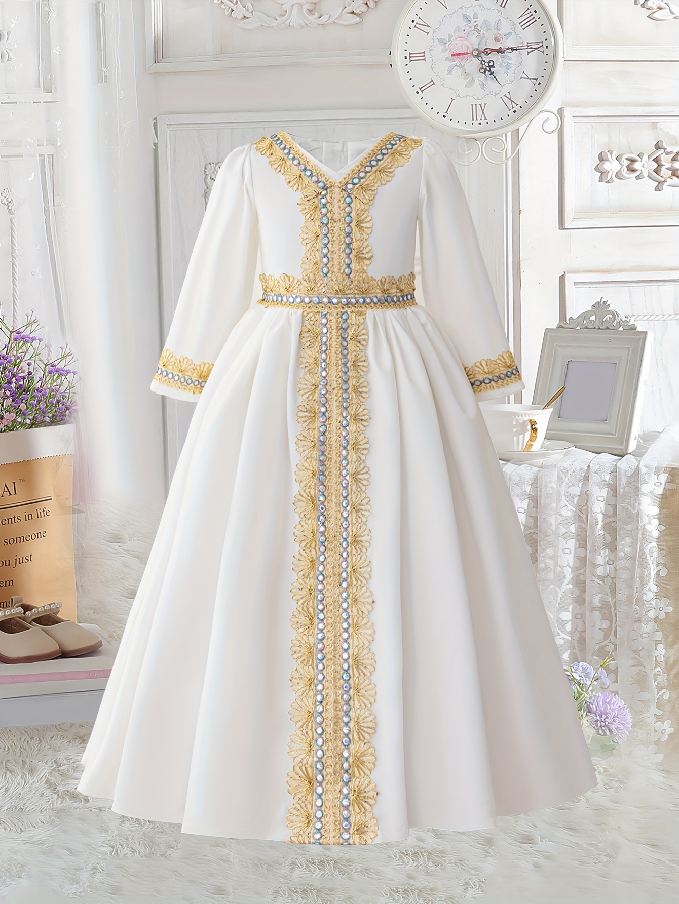 Embroidery Girls Caftan Elegant Muslim Girls' Sequin Long Sleeve