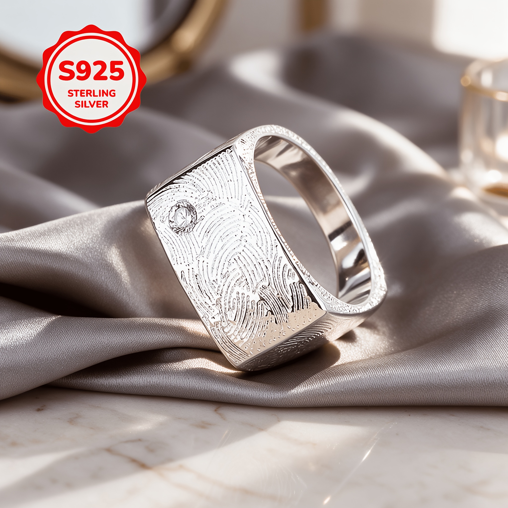 Women's 925 Silver Adjustable Wide Texture Open Ring, Geometric Design