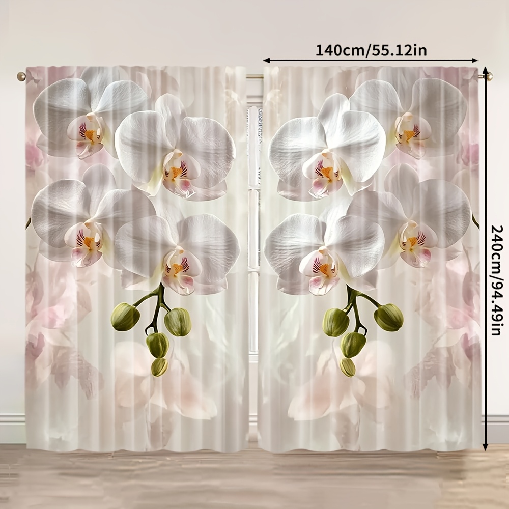 TEMU 2pcs Elegant Orchid Print Curtains - Light-filtering Polyester, For Living Room & Bedroom Decor, Rod , 100-120gsm, Curtains For Living Room