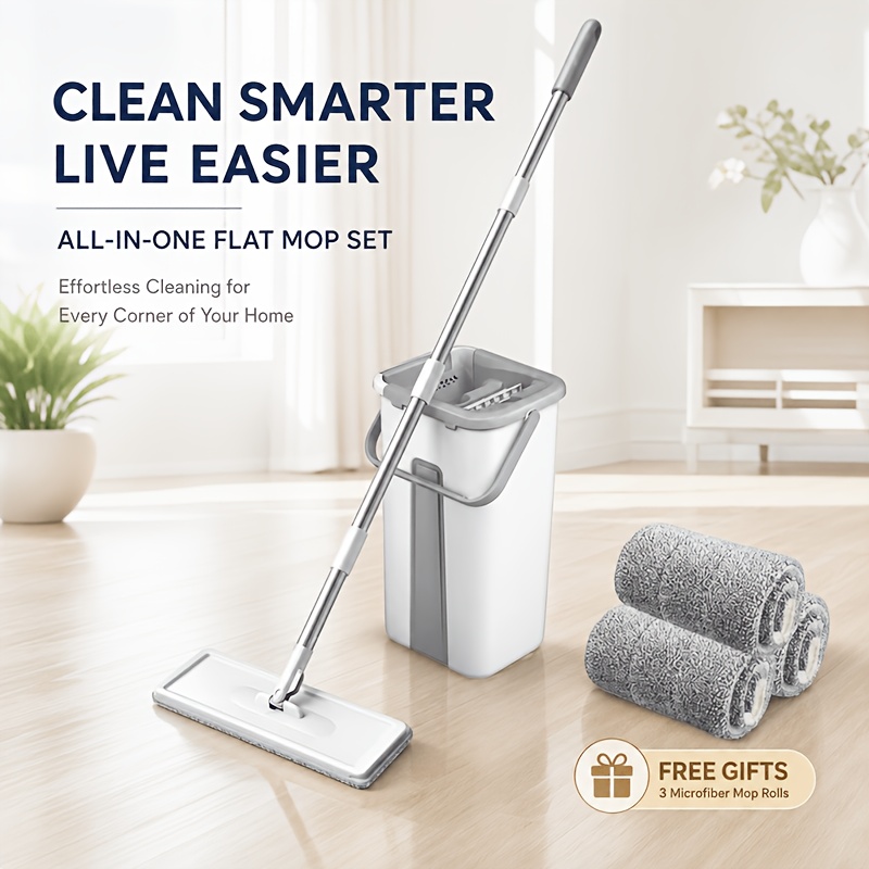 TEMU Mop And Bucket With Wringer Set, White Flat Squeeze Mop Bucket Set For Floor Cleaning, Wet Dry Mop For Wall Cleaner With Long Handle, Hardwood