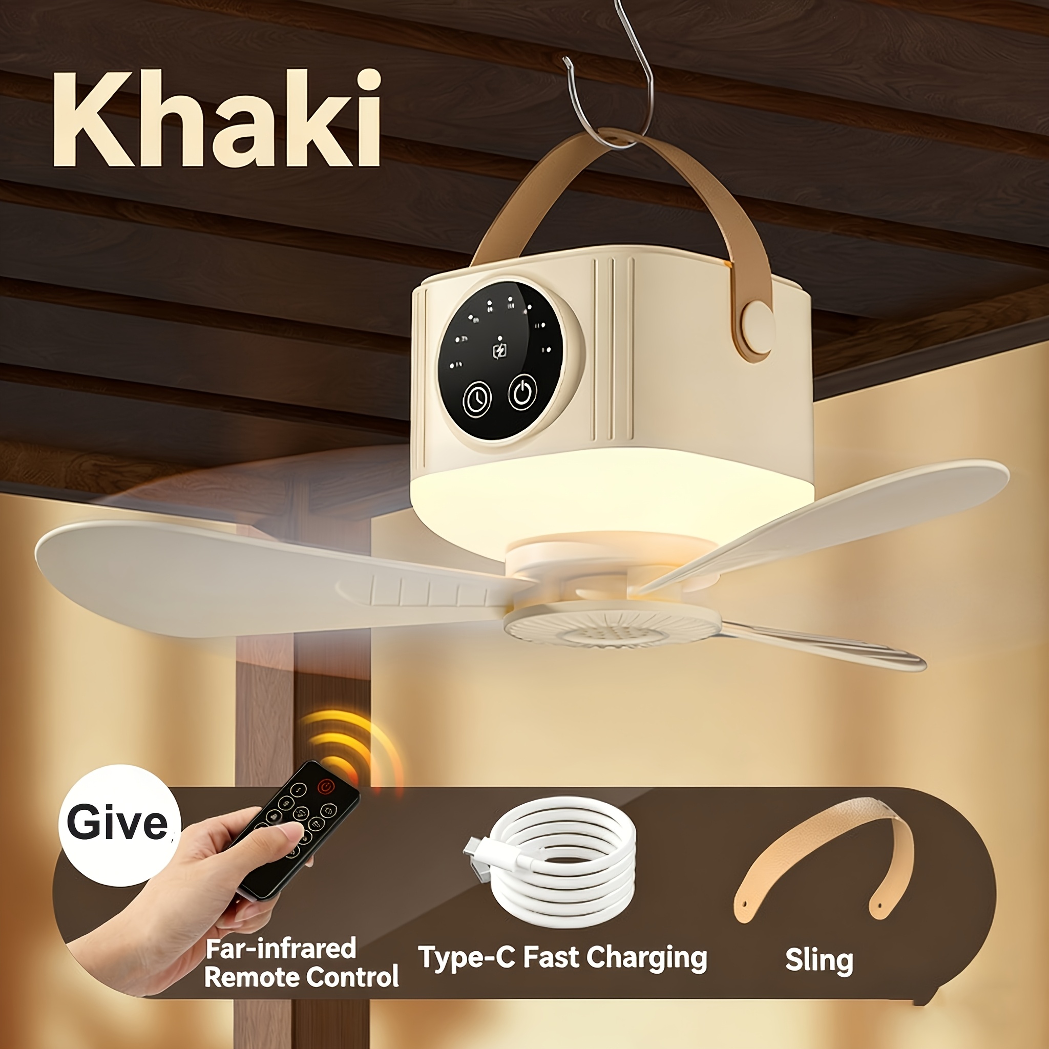 TEMU Aoc Portable Outdoor Ceiling Fan With Led Light, Hanging Camping Tent Fan Usb Rechargeable Mini Umbrella Fan For Fishing Patio Car Tailgate