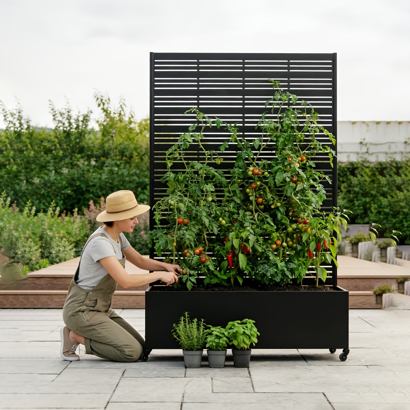 Privacy Fence with Planting Boxes Encrypted Metal Mesh Privacy Screen Black/Wood Grain Weather-Resistant Outdoor Fence Panels Ideal for Backyard Patios, Gardens, And Balconies Safety Barrier Protective Cover Create Outdoor Living Spaces And Decor