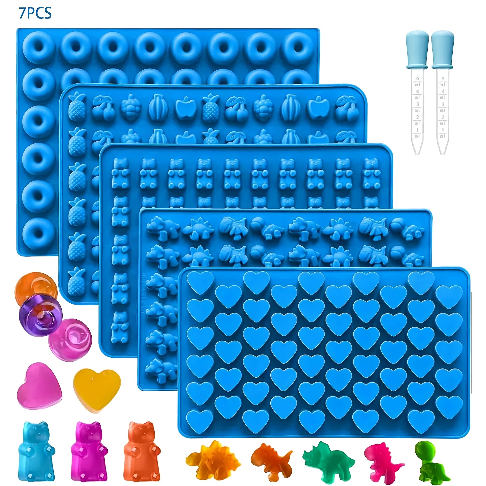 Image of 7pcs Silicone Molds For Making Gummy Candies, Including Shapes Like , Dinosaurs, Fruits, Donuts, And Hearts, Complete With Droppers And Features