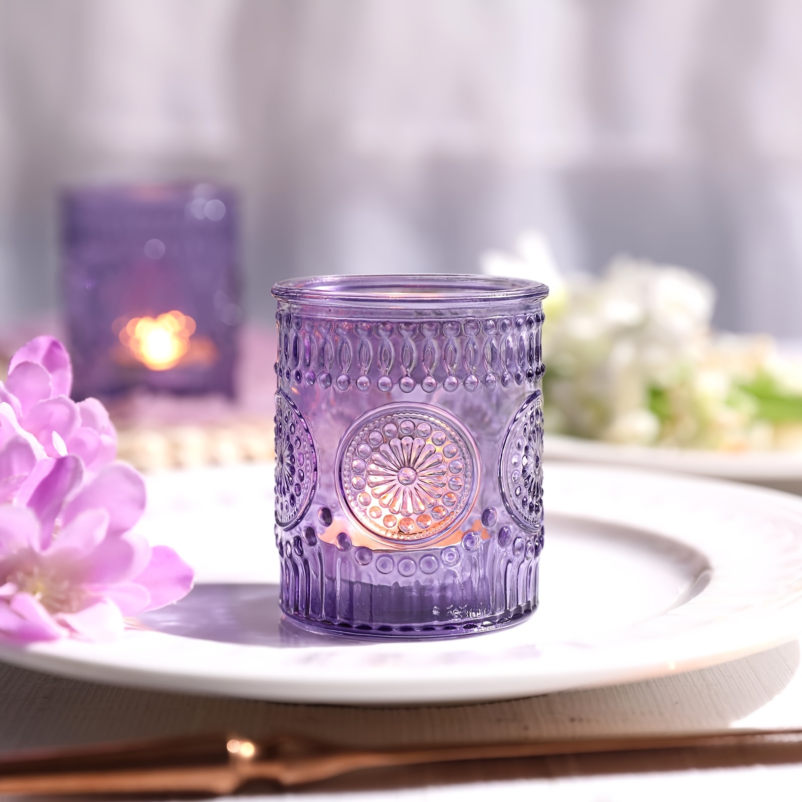 

6pcs Purple Glass Tea Light Candle Holders For Bridal Shower, Baby Shower Decorations, Bohemian Tea Party Purple Decorations, Purple Women's Gifts