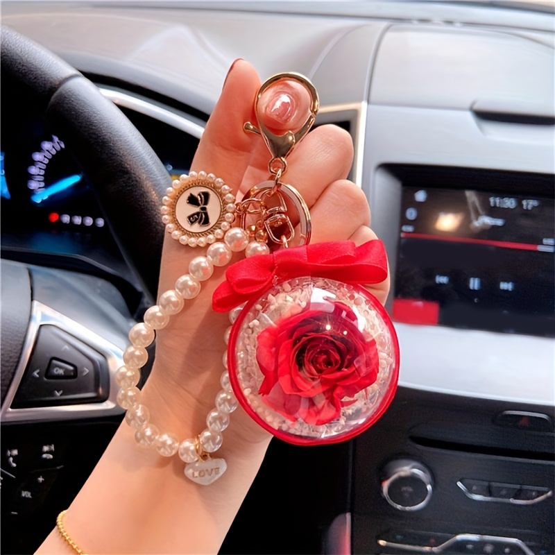 

Elegant Rose & Pearl Keychain - Acrylic/alloy, Lobster Clasp, Bags & Car Keys - Chic Gift For Women