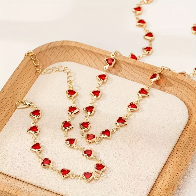 Image of 2pcs (bracelet+necklace) Light Luxury Elegant Fashion Women's Synthetic Love Ruby Heart Connecting Bracelet Necklace Set For Valentine's Day And Mother's Day Gift Set