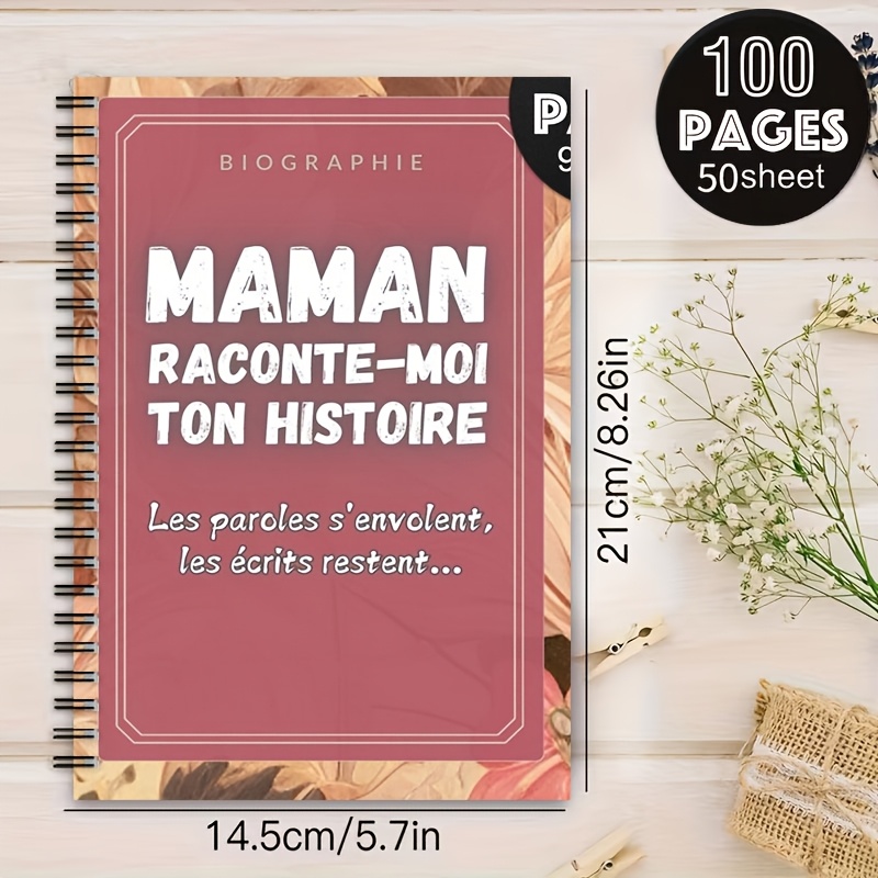 TEMU Carnet à spirale plat 1 pièce [2D] avec impression sur la couverture "Maman française racontant votre histoire", 100 pages au total, convient