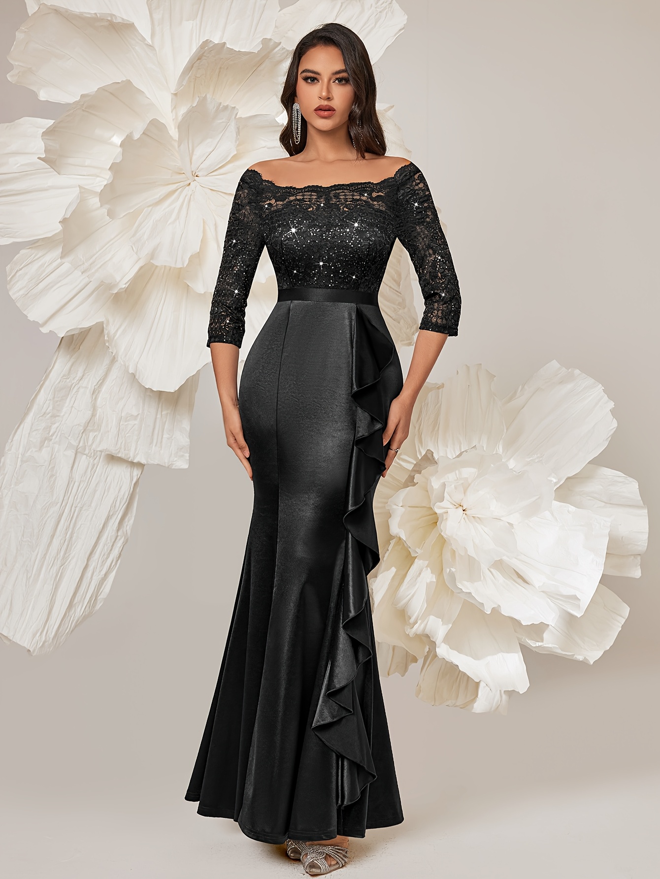 34016A Elegant Women's Vintage Sequin Lace Bridesmaid Maxi Dress,  Off-Shoulder 3/4 Sleeves, Front Ruffle Detail, Mermaid Hem * Formal Evening  Parties, Weddings, Anniversaries