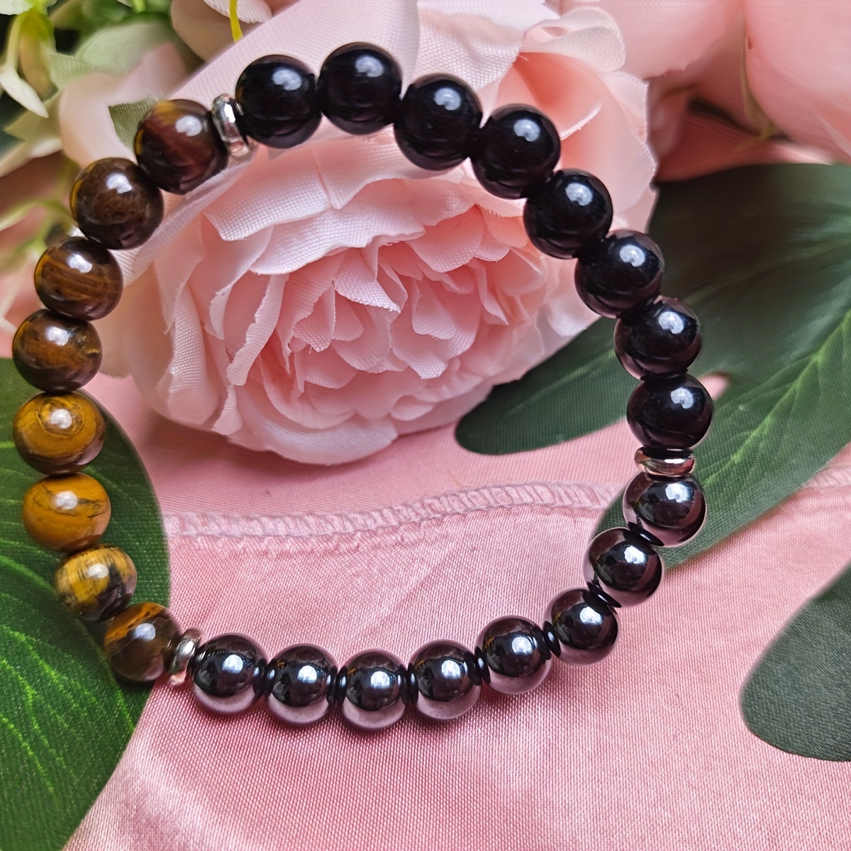 Natural Stone Tiger Eye Obsidian Round Bead Elastic Crystal Bracelet ...