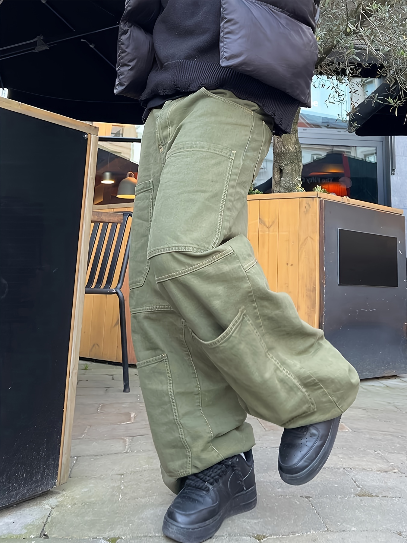 Olive Green Casual Cargo Baggy Jeans