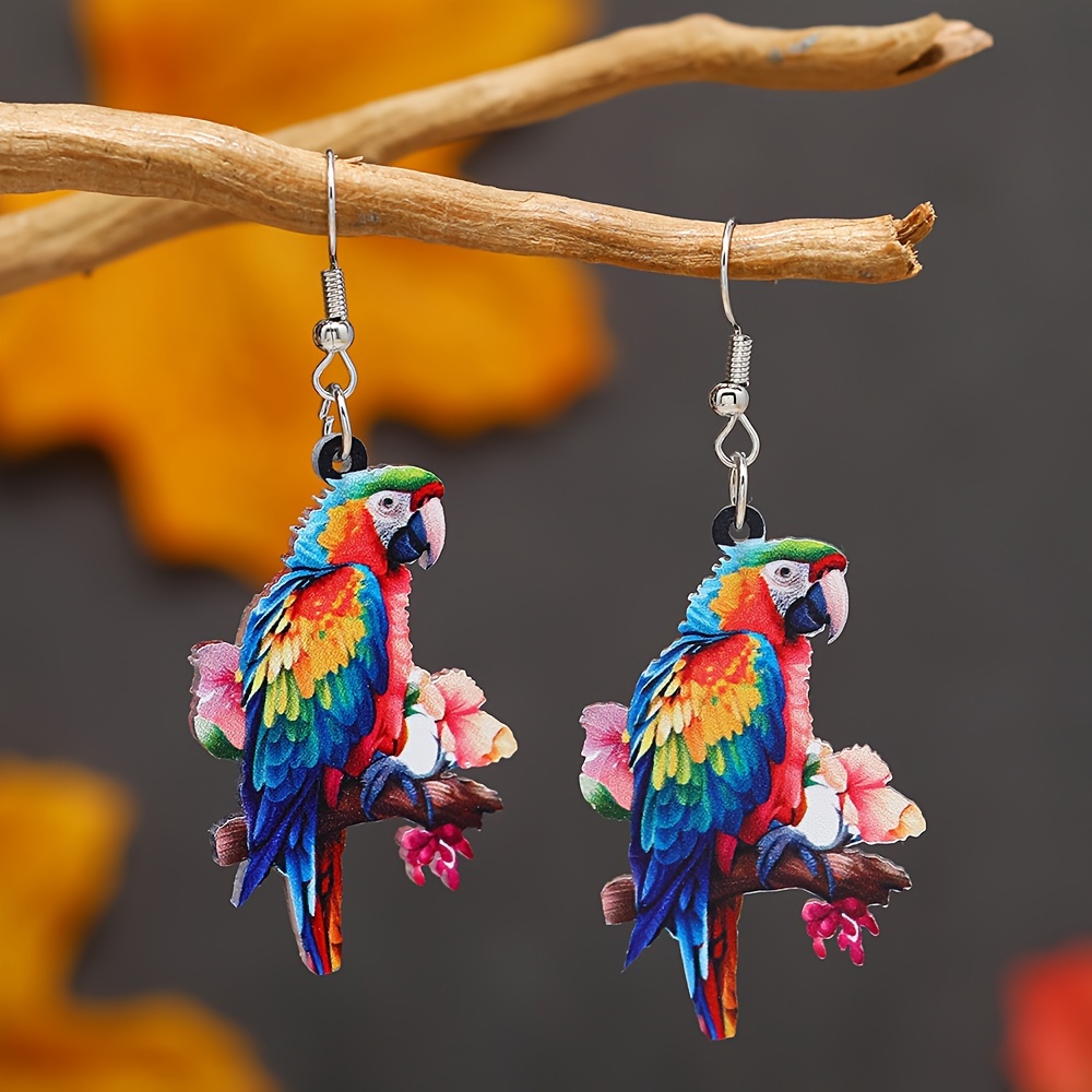 Image of Pair Of Parrot & Owl Acrylic Dangle Earrings - Cute/vintage Style, Alloy Hooks, & Parties, Bird Accessories