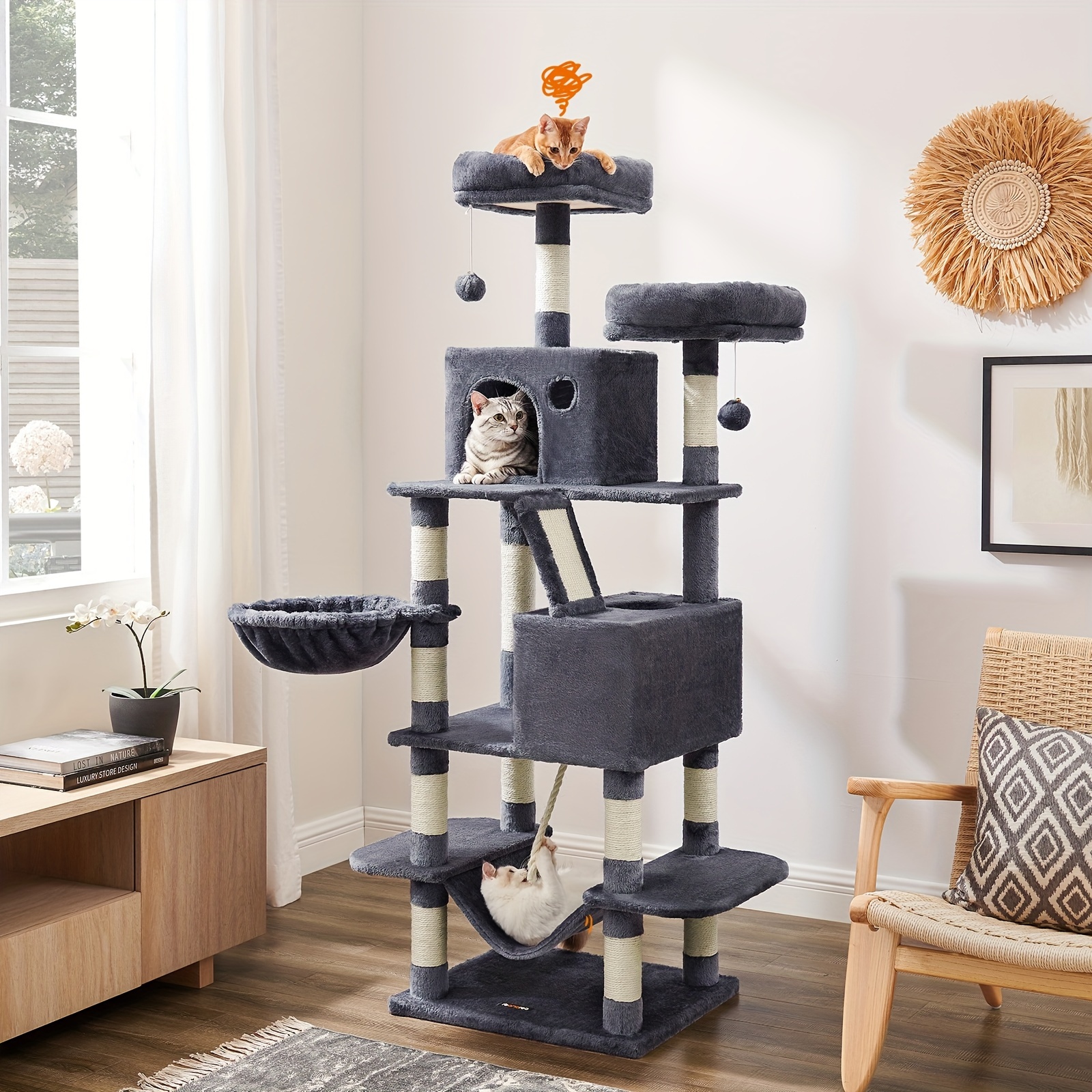 

Feandrea Cat Tree, 66.1-inch Large Cat Tower With 13 Scratching Posts, 2 Perches, 2 Caves, Basket, Hammock, Pompoms, Multi-level Plush Cat Condo For Indoor Cats