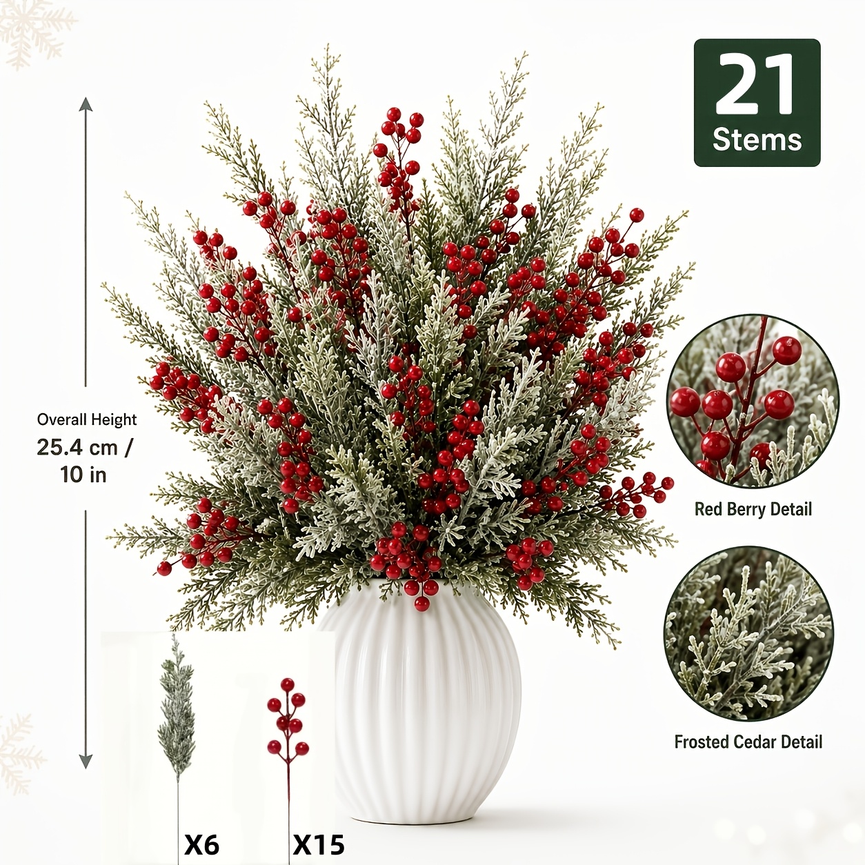 TEMU 21pcs Artificial Snow Branches With Red Berries - Suitable For Home Decor, Room Decoration, Bedroom, Living Room, Fireplace, Tabletop, Christmas