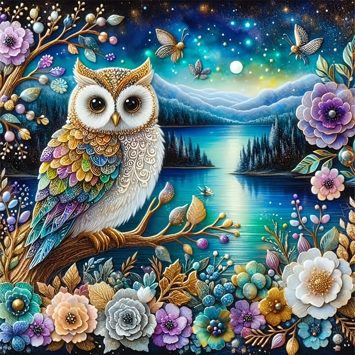 

5d Diy Diamond Painting Kit - 11.8" X 11.8" Round Diamond Art Embroidery Set, Owl Scenery Full Drill, Acrylic (pmma) Craft For Home Wall Decor, Frameless - Creative Gift