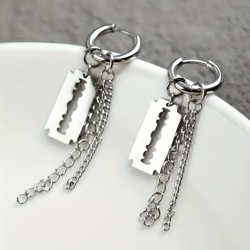 

2pcs Punk Style Razor Blade Drop Earrings - Unisex Hip Hop Metal Hoop Dangle - 316 Stainless Steel No Plating - Simple Dark Cool Temperament Ear Jewelry For Men And Women