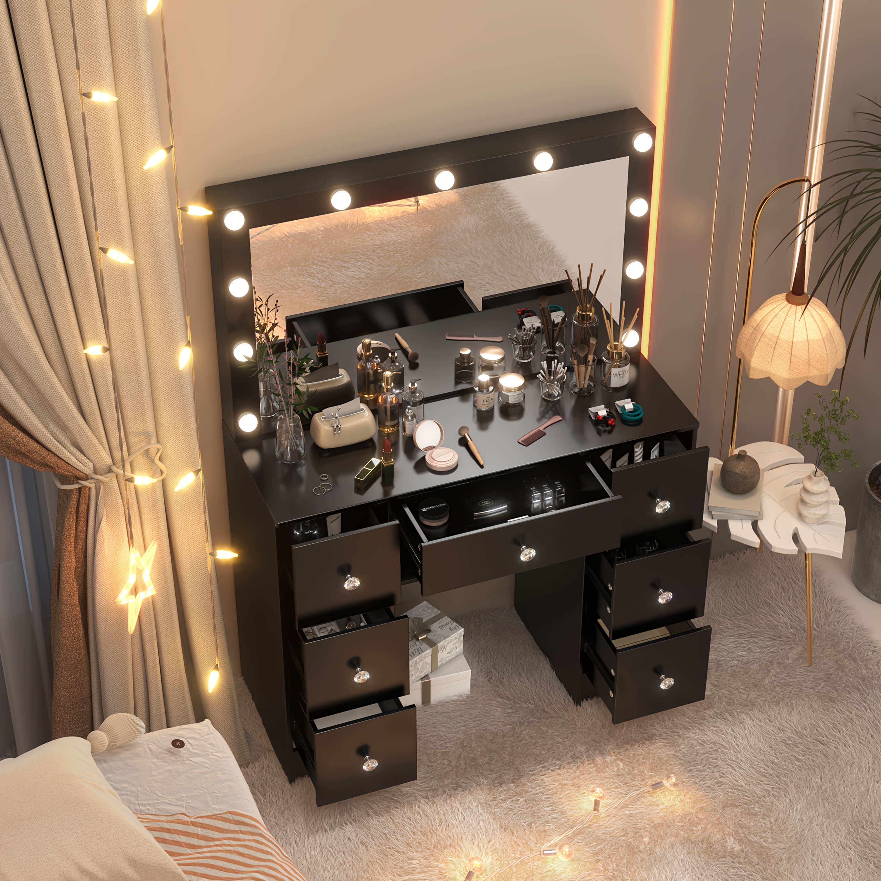 Dressing Table Stool Set with LED Mirror & Drawers