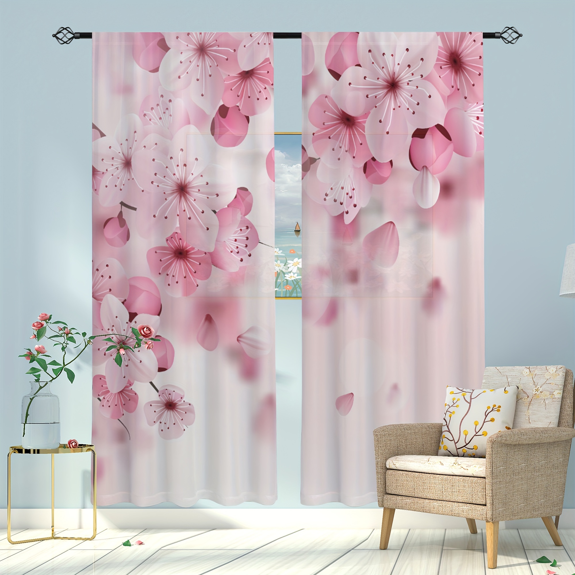 

Contemporary Sakura Print Semi-sheer Curtain Panels, 2-piece Rod Pocket Decorative Drapes For Living Room Bedroom, Machine Washable Polyester, Floral Pattern Home Decor