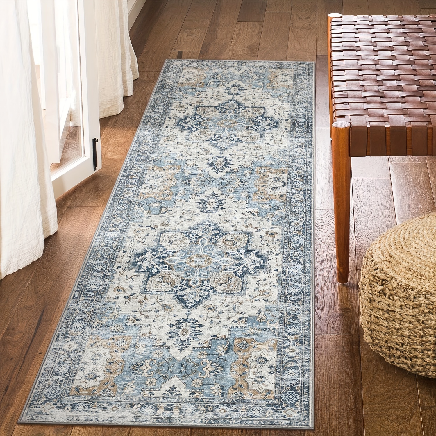 

Runner Rug Machine Washable Non Slip Vintage Runner Rug, Low Pile Lighrweight Rugs For Entryway, Hallway, Kitchen And Corridor, Blue