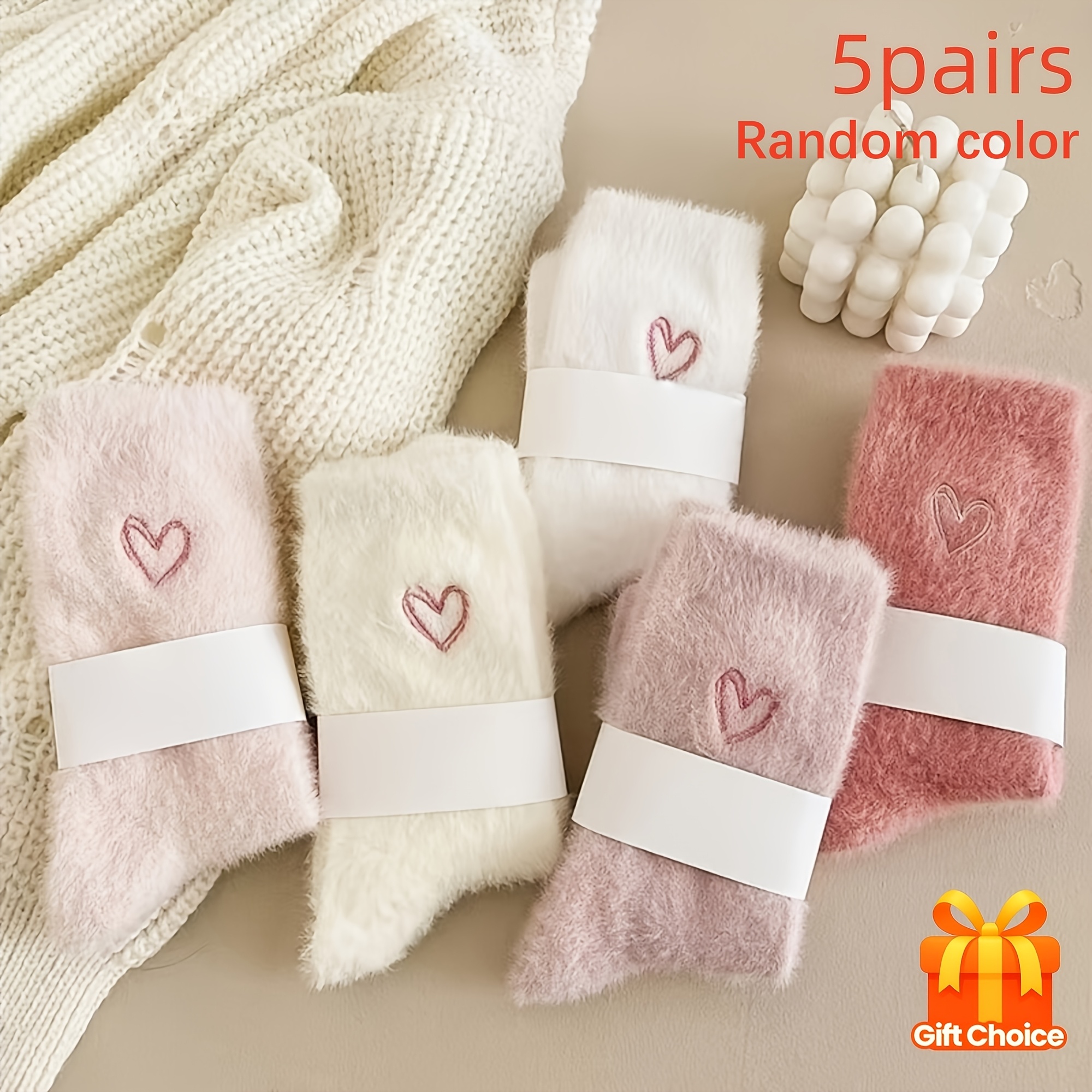 5 pairs random heart embroidery fluffy socks thick plush floor socks sleeping   style   best gift for mom comfortable sleepwear   cute socks elegant socks hand wash   durable material