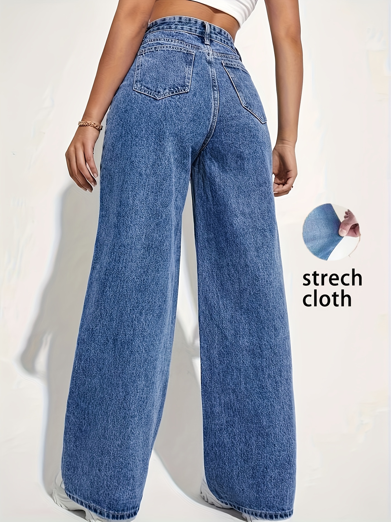 Women's Stretch Denim Straight-Leg Jeans - Light Blue Casual High-Waisted Washed Blue Comfort Fit for Casual Attire