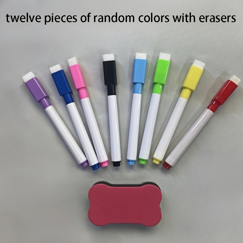 Image of 12pcs Erasable Whiteboard Pen Set, Suitable For All Kinds Of Office Whiteboards, Random Color Matching 12pcs Erasers, Writing Smooth And Easy To Wipe