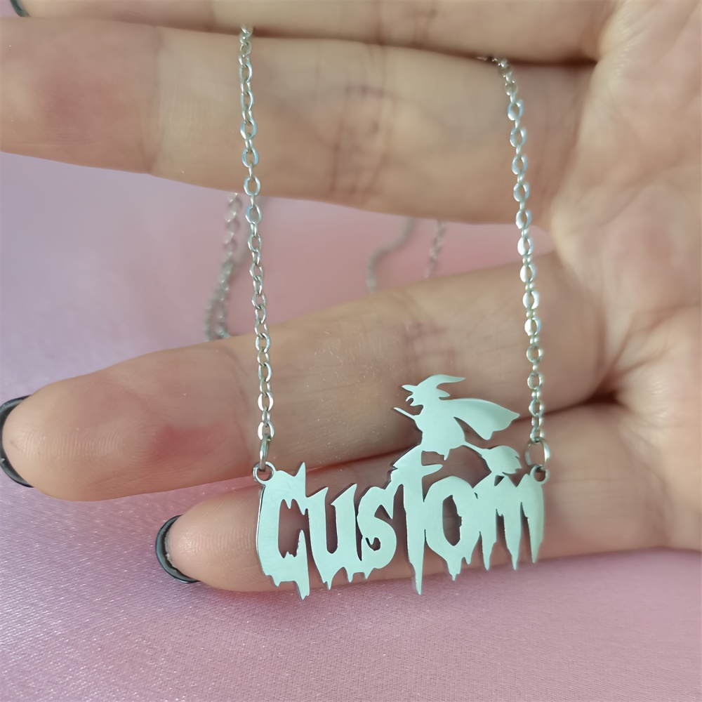 

Custom Necklace For Women - Hat, Broom, Bat, Spider Web & With Personalized Name - Stainless Steel Gothic Punk Style Jewelry Gift