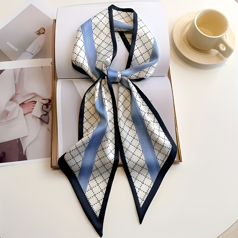 TEMU Elegant Blue Diagonal Print Scarf - Versatile Necktie, Headband, Waistband - Soft, Breathable, And Decorative Fabric - Suitable For , Stylish