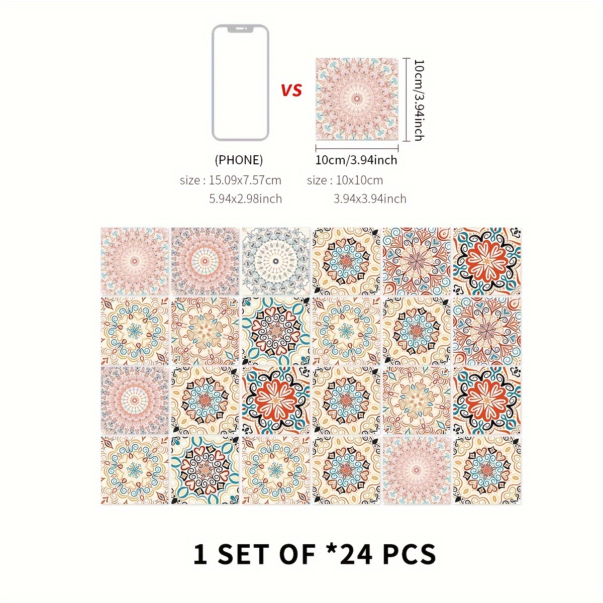 Image of 24 Pcs Geometric Mandala Vinyl Wall Tiles - Self-adhesive, Waterproof, Square Indoor Hanging Decor With Space Theme For Kitchen & Bathroom Backsplash, Peel And Stick Moroccan Pvc Wall Art Mural