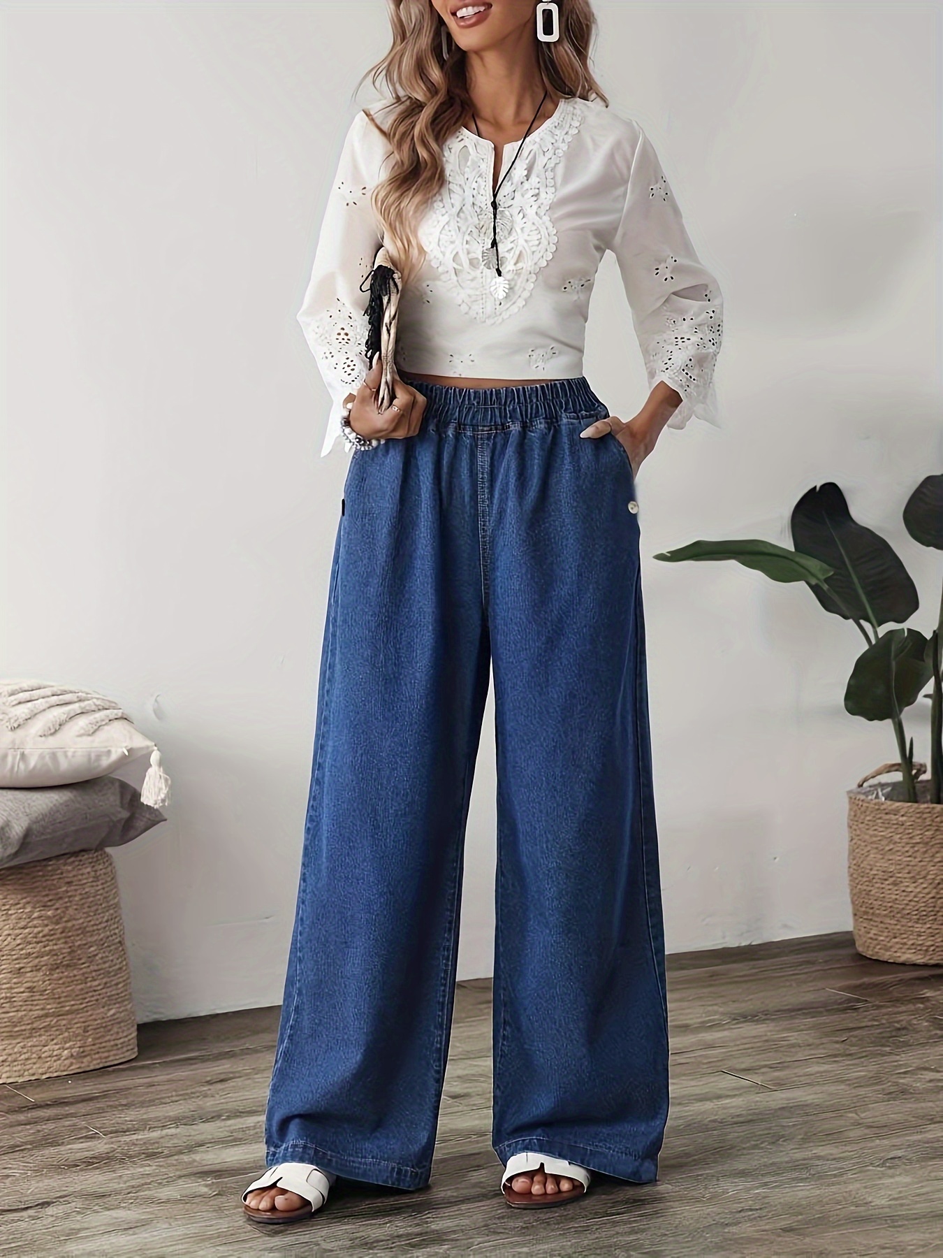 Women's Elegant Straight-Leg Jeans with Elastic Waistband - Casual Denim Pants, Machine Washable, Non-See-Through