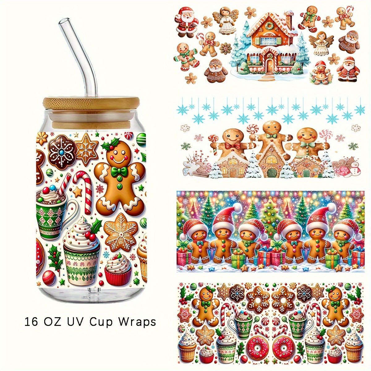 

4pcs Set Gingerbread For Man And Donuts Christmas Diy Sticker Pack - Waterproof & Scratch-resistant 3d , Uv Dtf Self-adhesive Wraps For Tumblers & Bottles, , High-quality Decals (4.3"x9.4")