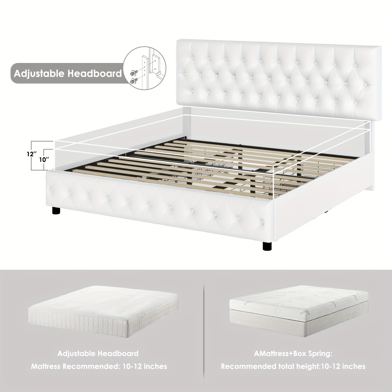 Modern Upholstered Bed Frame with 4 Storage Drawers, Platform Bed Frame with Button Tufted Headboard, Solid Wooden Slat Support