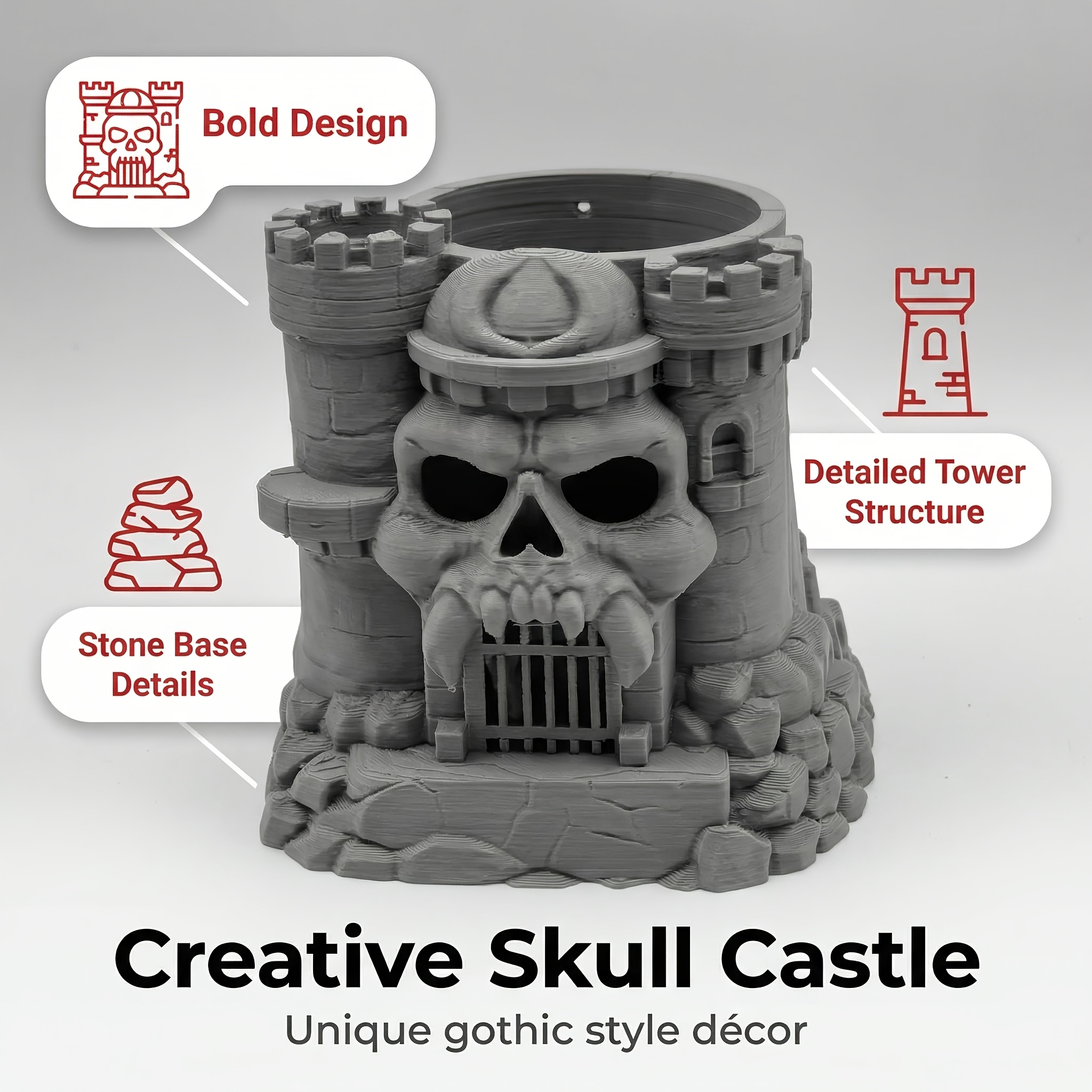 E-shop Totenkopf-Schloss Stiftehalter, mittelalterlicher moderner Horror-Schreibtisch-Organizer, Halloween-Tag der Toten-,