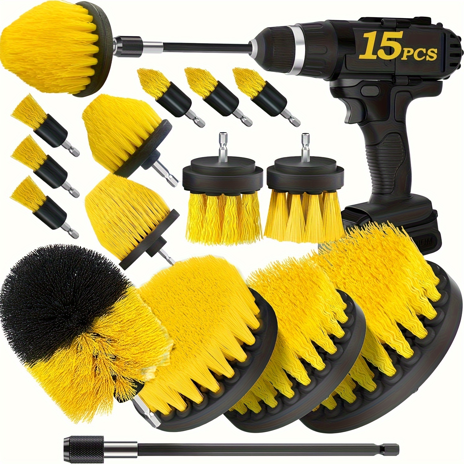 Image of 4/15pcs Drill Brush Attachment Set, Reusable Electric Wash Brush With Extended Tools For Bathroom, Car, Shower, Carpet, Boat, Kitchen, Floor & Tile Cleaning, Cordless Power Tool Accessory Kit
